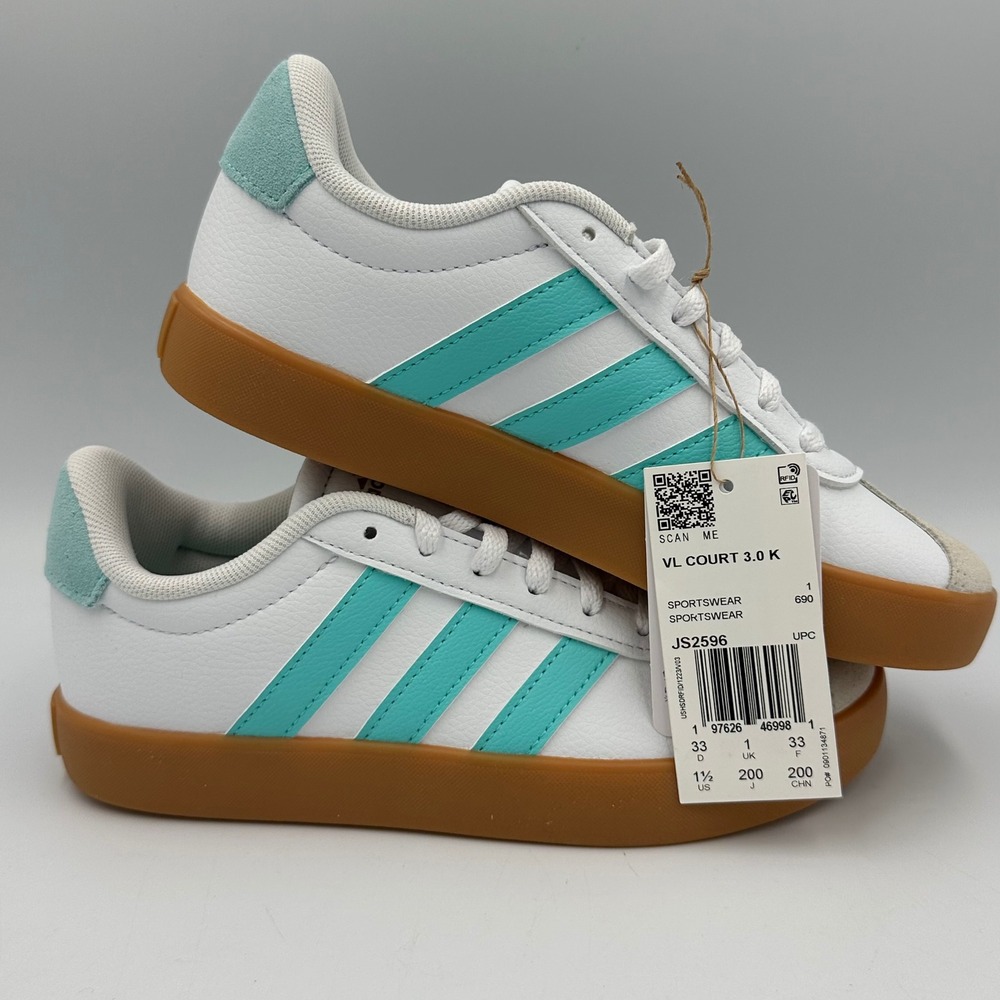 Adidas VL Court 3.0 K Kids Size 1.5 White Teal JS2596 New Gum Sole Sneaker Skate